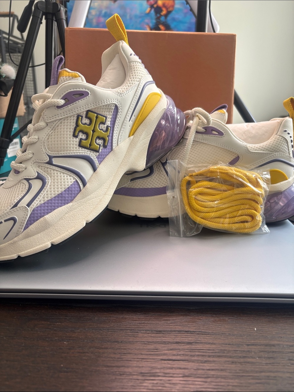 Tory Burch White Lavender and Yellow Logo Chunky Athletic Sneakers